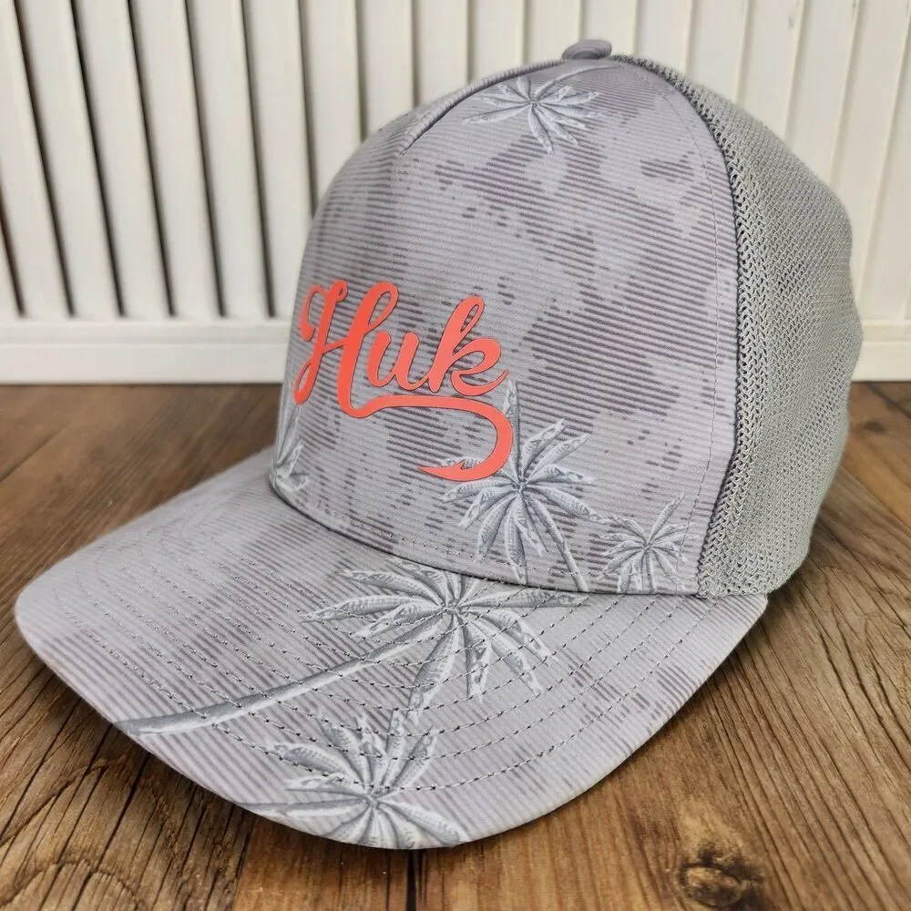 Huk Performance Head Wear Fishing Trucker Hat Cap Gray Camo Palm Trees Snapback